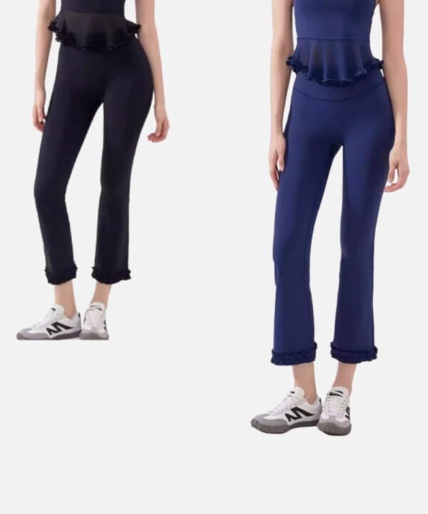 black and navy cropped ruffle workout pants