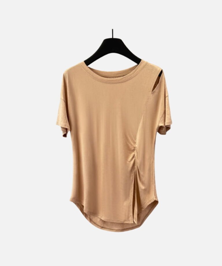 Spiced-Brown tee with ruched side seam and cutout shoulder