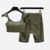 army green off shoulder crop top and biker shorts