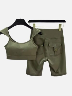 army green off shoulder crop top and biker shorts