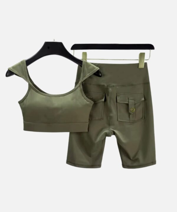 army green off shoulder crop top and biker shorts