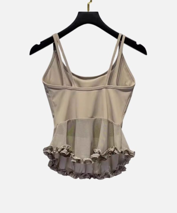 beige seam cup tank top with mesh ruffle trim