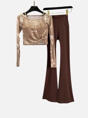 beige butterfly mesh top with high waist brown flare pants