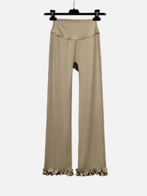 beige high waist flare workout pants with ruffle hem