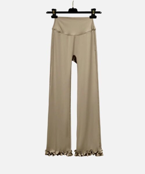 beige high waist flare workout pants with ruffle hem