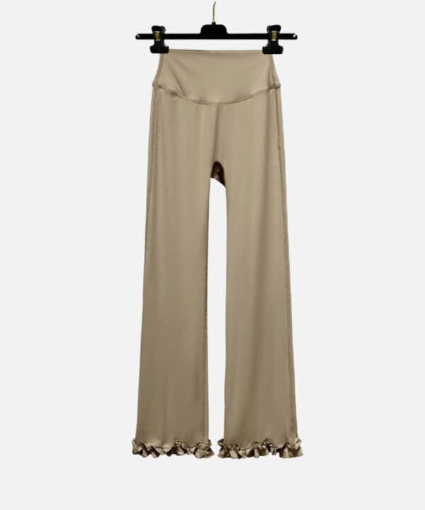 beige high waist flare workout pants with ruffle hem
