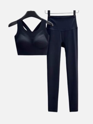 black crossback padded sports bra and seamless leggings