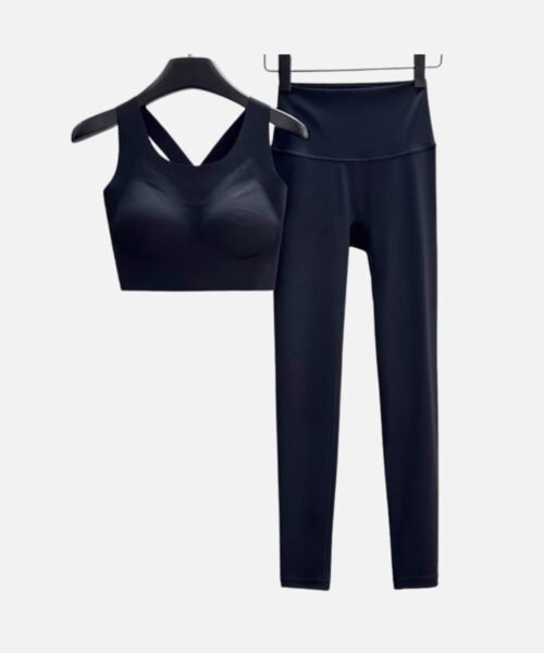 black crossback padded sports bra and seamless leggings