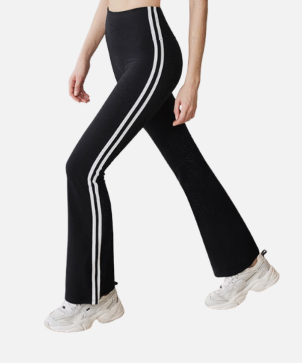 black flared high waist leggings with double side stripes