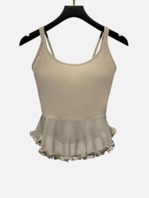 beige double strap tank top with mesh ruffle hem