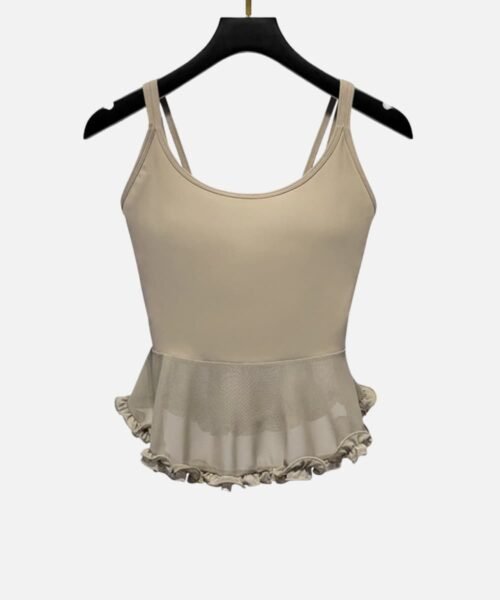 beige double strap tank top with mesh ruffle hem