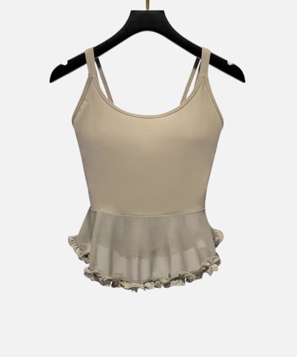 beige double strap tank top with mesh ruffle hem