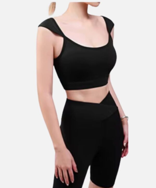 blackoff shoulder crop top and wrap waist biker shorts