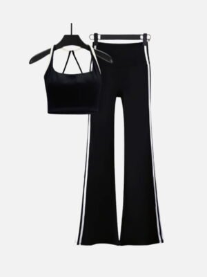 black ribbed flare yoga pants and strappy crop top