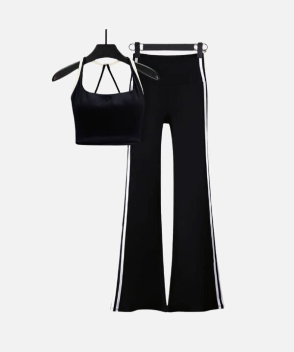 black ribbed flare yoga pants and strappy crop top