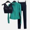 black sports bra with teal zip jacket and black leggings