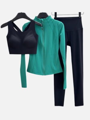 black sports bra with teal zip jacket and black leggings