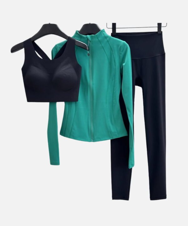 black sports bra with teal zip jacket and black leggings