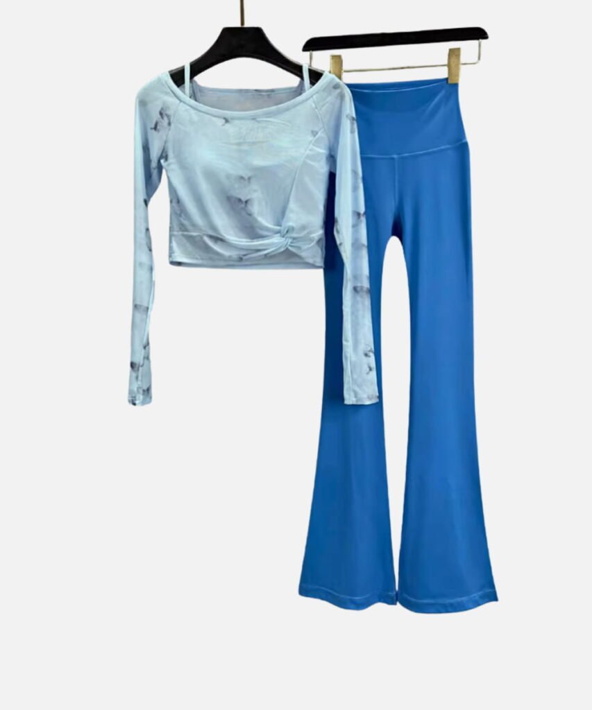 blue butterfly mesh crop top and flare pants set