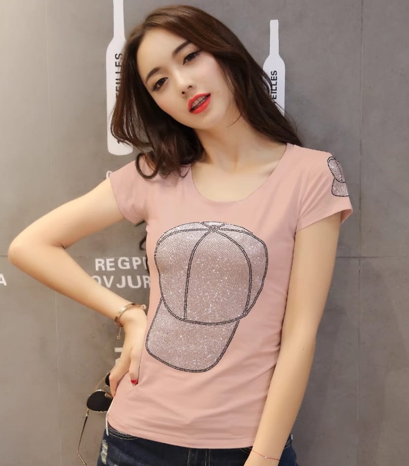 blush pink rhinestone cap print fitted t-shirt