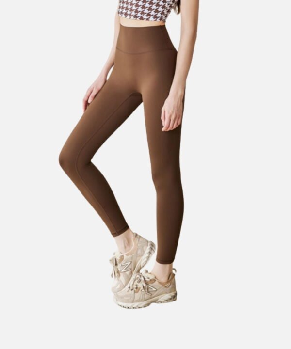 brown high waist full length leggings on model