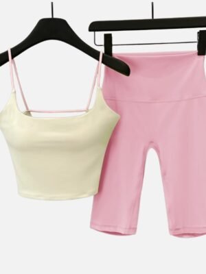 Cream crop top and light pink biker shorts