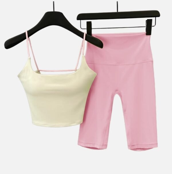 Cream crop top and light pink biker shorts