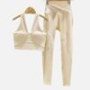 cream v-neck ribbed halter sports bra front view