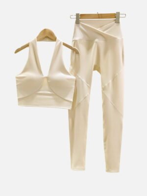 cream v-neck ribbed halter sports bra front view