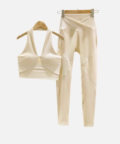 cream v-neck ribbed halter sports bra front view