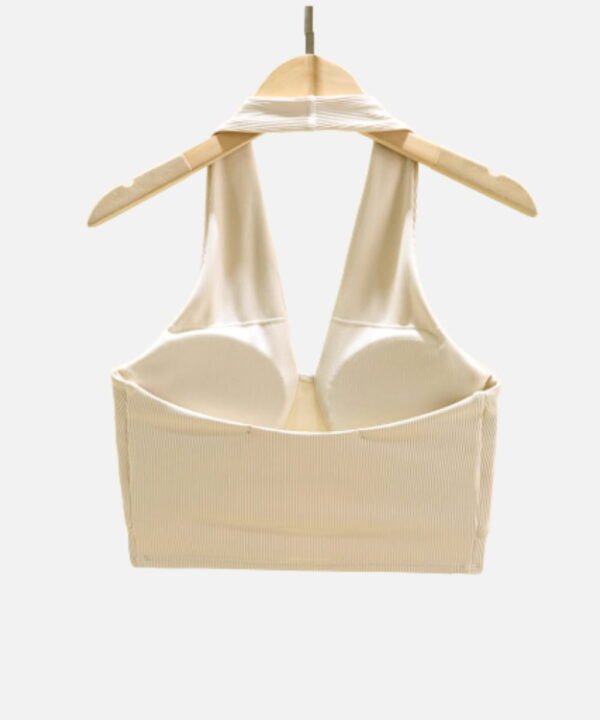 cream v-neck ribbed halter sports bra back view