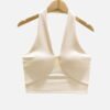 cream v-neck ribbed halter sports bra front view
