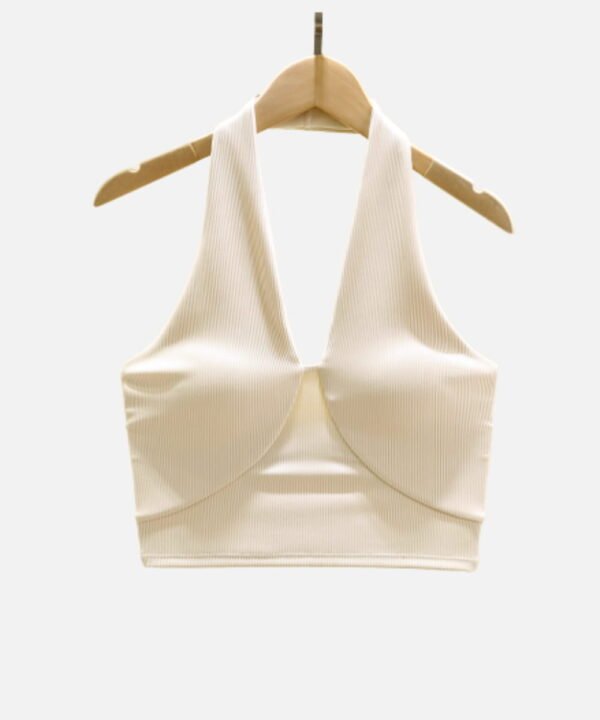 cream v-neck ribbed halter sports bra front view