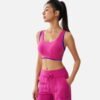 fuchsia sports bra with blue trim and drawstring pants