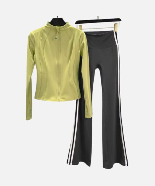 light green zip jacket and dark gray flared pants