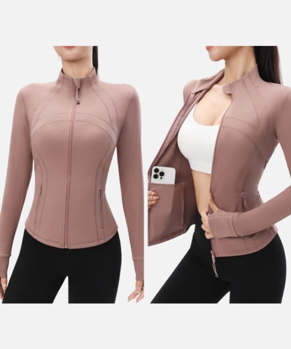 mauve zip up jacket with thumbholes and inner pocket