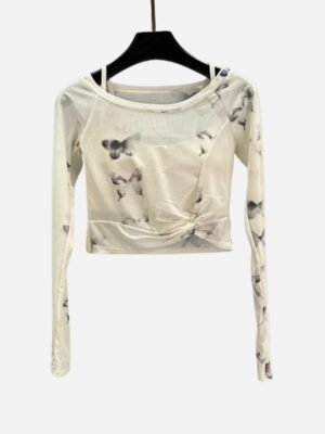 mesh long sleeve butterfly print twist crop top set