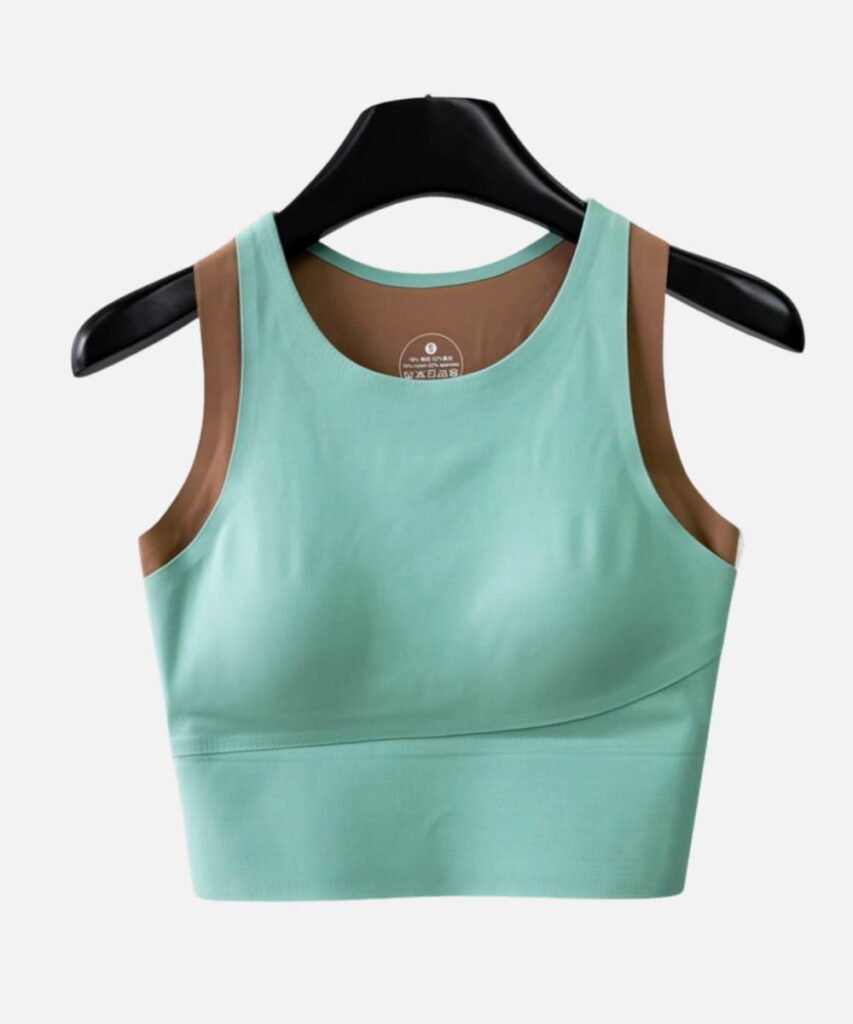 mint green scoop neck sports bra with brown trim