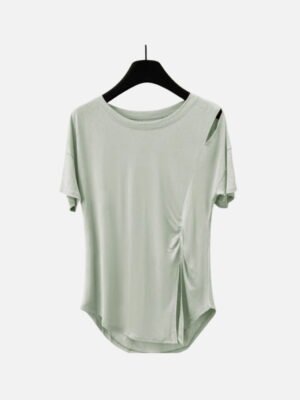 green modal tee with ruched side and shoulder cutout
