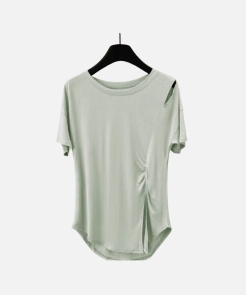 green modal tee with ruched side and shoulder cutout