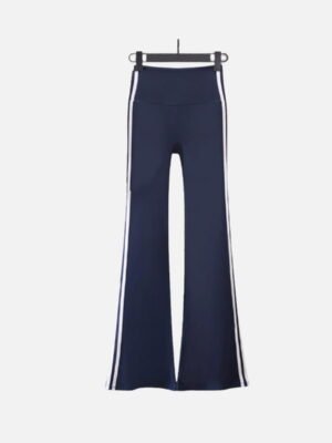navy high waist flared leggings with side stripes