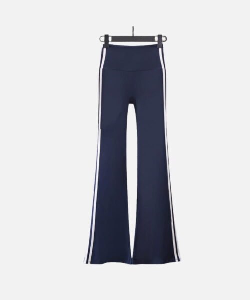 navy high waist flared leggings with side stripes