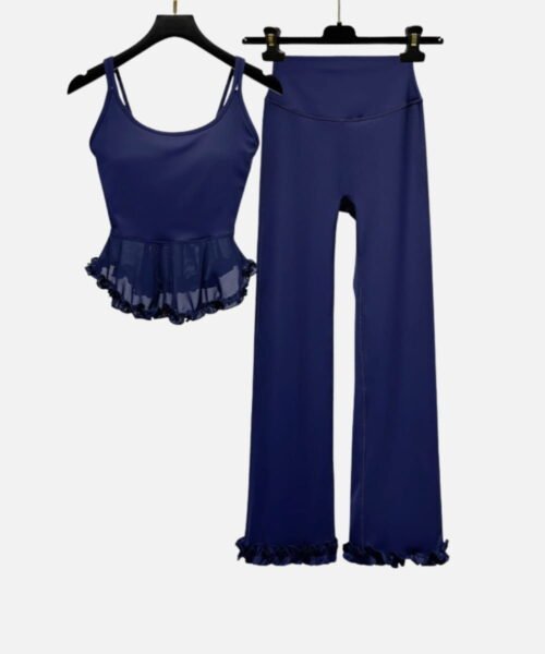 navy peplum cami top and ruffle flare pants