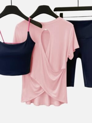 Navy crop top, pink tee, navy biker shorts