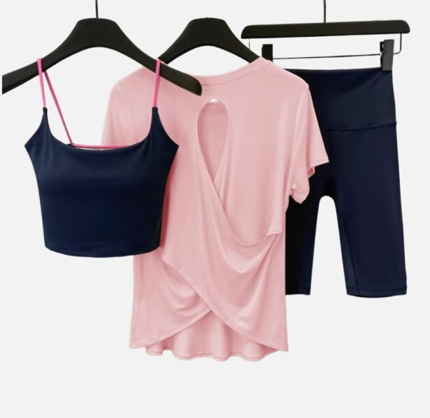 Navy crop top, pink tee, navy biker shorts