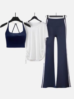 navy ribbed halter crop top tee and flared pants
