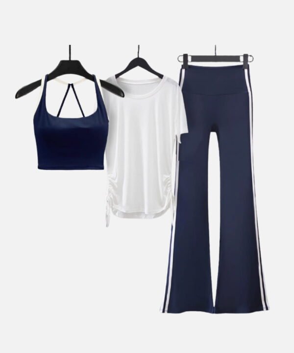 navy ribbed halter crop top tee and flared pants