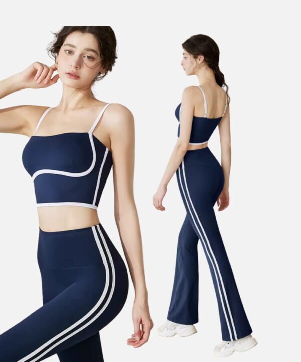 navy crop top and flare pants with white side stripes