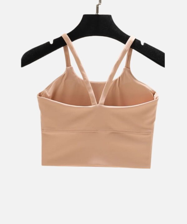 peach strappy back sports bra with scoop neckline
