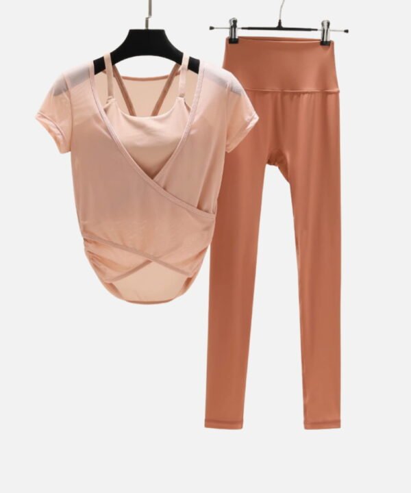 peach wrap mesh top with orange high-waisted leggings